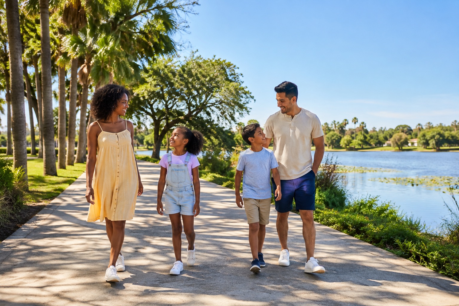 A multicultural family spending time together in a sunny park; illustrative image