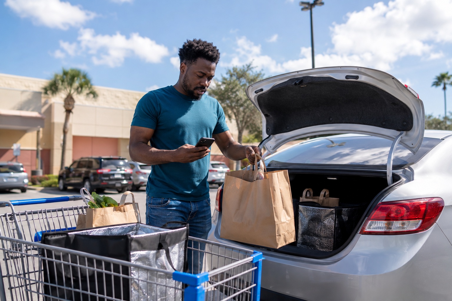 A grocery delivery gig worker loading shopping bags into a car while checking his phone; illustrative image
